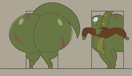 anthro balls big_butt big_penis butt butt_stuck clothing doorway genitals hoodie huge_butt hyper hyper_butt jiggling looking_back male penis scar scars_all_over solo stuck stuck_in_door tail text thick_thighs topwear bellyboi13 chuck_lentil(bellyboi13) kobold lizard lizardman reptile scalie 2026 2d_animation animated frame_by_frame hi_res
