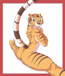 anthro athletic athletic_anthro athletic_female butt female flexible fur looking_at_viewer orange_body orange_fur simple_background smile solo splits spread_legs spreading tail white_background yellow_eyes f_draws dreamworks kung_fu_panda master_tigress felid mammal pantherine tiger 2024 hi_res