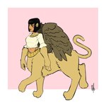 1:1 2018 bigmsaxon black_hair border clothing egyptian egyptian_clothing eye_markings feathered_wings feathers felid female full-length_portrait fur hair hi_res humanoid_taur mammal markings mythological_creature mythological_sphinx mythology pink_background portrait shirt simple_background solo taur topwear usekh walking white_border wings yellow_eyes yellow_sclera