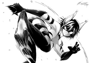 action_shot anthro attack bell bell_collar black_body black_fur collar determined_eyes female fur hooves kick looking_at_viewer monster_girl_(genre) nude solo technically_nude lok_polymorfa one-punch_man one_(manga) chapter_170_monster_girl_(one-punch_man) animal_humanoid humanoid monster monochrome