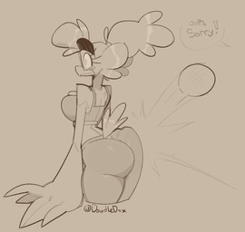 anthro ball beak big_breasts big_butt blush bottomwear bra breasts butt butt_smack clothing dialogue eyebrows eyelashes feather_hands feathers female furgonomic_bottomwear furgonomics hair non-mammal_breasts pants shocked solo sports_bra tail tail_feathers text thick_eyebrows thick_thighs tied_hair tight_bottomwear tight_clothing underwear yoga_pants doodledox aza_(doodledox) avian bird passerine 2024 english_text sketch