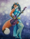 anthro blue_eyes blue_hair clothing dipstick_tail dress female fierce guitar hair legwear markings musical_instrument playing_guitar playing_music plucked_string_instrument rock_(genre) solo stockings string_instrument tail tail_markings kelii cassie_the_rock_vixen canid canine fox mammal 2010 full-length_portrait hi_res portrait traditional_media_(artwork)