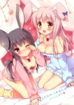 :< :d arm_support bare_shoulders big_breasts black_hair blush breasts brown_eyes choker cleavage clothed clothing down_blouse duo fangs female footwear hair heart_symbol jewelry legwear long_hair looking_at_viewer necklace one_eye_closed open_mouth pink_hair polka_dots red_eyes ribbons rubbing_eyes scut_tail short_tail sitting smile socks star sweater tail teeth topwear wink pan_(mimi) animal_humanoid humanoid lagomorph lagomorph_humanoid leporid_humanoid mammal mammal_humanoid rabbit_humanoid absurd_res digital_media_(artwork) hi_res shaded source_request