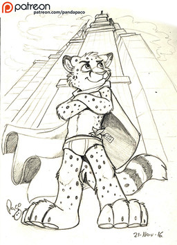 anthro briefs building cape cheek_tuft closed_smile clothing crossed_arms facial_spots facial_tuft front_view head_tuft logo male mouth_closed outside skyscraper smile solo spotted_arms spotted_face spotted_legs standing tuft underwear young young_anthro young_male pandapaco salmy cheetah felid feline mammal 2016 artist_logo dated full-length_portrait portrait signature spot_color traditional_media_(artwork)
