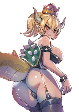 alternate_species big_breasts blonde_hair blush breasts butt collar crossgender crown female garter_belt garter_straps hair headgear horn looking_back mtf_crossgender rear_view shell side_boob solo spiked_collar spikes super_crown tail bow_(artist) bowsette_meme mario_bros nintendo bowser animal_humanoid humanoid koopa scalie 2022 meme redraw