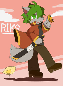 anthro black_clothing black_shirt black_topwear bottomwear brown_bottomwear brown_clothing brown_pants clothed clothing crown ears_back footwear fully_clothed fur green_eyes green_hair grey_body grey_fur hair headgear male open_mouth pants pivoted_ears scabbard shirt shoes solo standing text topwear walking satsuki_rabbit riks_(satsuki_rabbit) canid canine canis mammal wolf 2015 absurd_res english_text hi_res