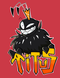 2_antennae ambiguous_gender antennae_(anatomy) anthro black_antennae black_body black_fur crown eyebrows front_view fur grin head_tuft headgear light looking_at_viewer red_background ruff simple_background small_eyes smile solo teeth text toony toothy_grin tuft yellow_text stellantiswake disney hoppers_(disney) pixar titus_(hoppers) arthropod insect lepidopteran character_name lighting