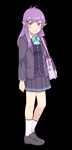 accessory alpha_channel bag bag_accessory bag_charm blue_eyes bottomwear charm_(jewelry) clothing elf female footwear hair hair_accessory hairclip hi_res humanoid purple_hair ribbons school_uniform shoes shoulder_bag simple_background skirt socks solo straviios transparent_background uniform unknown_artist