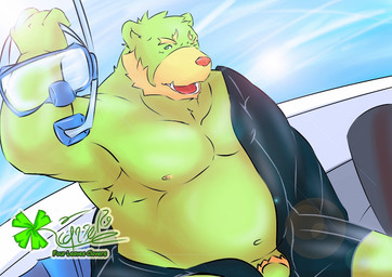 anthro belly fur genitals green_body green_fur humanoid_hands male moobs navel nipples one_eye_closed overweight overweight_anthro overweight_male penis solo wink kougyou bear mammal 2015