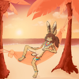 4_toes 5_fingers armwear brown_hair brown_spots clothing cloud ear_piercing ear_tuft exhibitionism fangs feathers feet fingers fur genitals hair hammock hand_on_leg hand_on_thigh innie_vulva intersex jewelry looking_at_viewer lying markings mostly_nude navel nude on_back outside palm_tree piercing pink_nose plant ponytail public public_exposure red_eyes rope scut_tail sea seaside seductive short_tail smile smug solo spots spotted_body spotted_fur sun sunbathing sunset tail teeth toes tree tribal tropical tuft vulva water wave yellow_body yellow_fur djannetur keith_(arsenicu) 1:1 2025 hi_res signature