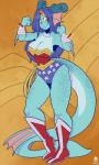 athletic athletic_female big_breasts blue_hair breasts cleavage clothed clothing cosplay female hair horn looking_at_viewer non-mammal_breasts solo superhero superhero_costume avencri dc_comics mayte wonder_woman reptile scalie 3:5