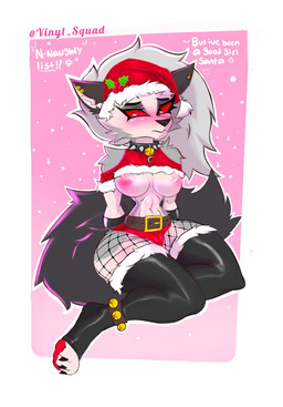 anthro armwear bell belt black_body black_fur black_nose breasts christmas_clothing christmas_headwear claws clothing collar costume dialogue ear_piercing exclamation_point eyebrows eyelashes feet female fishnet_clothing fishnet_legwear fur grey_body grey_fur hair hand_behind_back hat headgear headwear holidays holly_(plant) interrobang legwear long_hair looking_away mostly_nude multicolored_body multicolored_fur navel nipples pawpads paws piercing pink_pawpads plant question_mark red_sclera santa_costume santa_hat simple_background sitting solo spiked_collar spikes text topwear white_body white_eyes white_fur white_hair white_text vinyl_squad christmas hellaverse helluva_boss mythology loona_(helluva_boss) canid canid_demon canine canis demon hellhound mammal mythological_canine mythological_creature wolf 2022 digital_media_(artwork) english_text hi_res watermark
