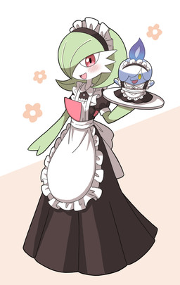 ambiguous_gender apron black_clothing black_dress blush clothed clothing dress duo feral fully_clothed green_body holding_object holding_plate maid_headdress maid_uniform plate simple_background uniform white_apron white_background white_body white_clothing jim_0wo nintendo pokemon gardevoir generation_3_pokemon generation_5_pokemon litwick pokemon_(species) 2025 absurd_res hi_res