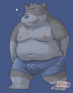 5_toes anthro belly big_belly biped black_nose brown_body brown_fur bulge elderly elderly_male feet fur kemono male mature_male moobs mustaches navel nipples overweight overweight_male scratching simple_background solo standing text toes toshi_(artist) canid canine canis domestic_dog mammal 2026 japanese_text translated