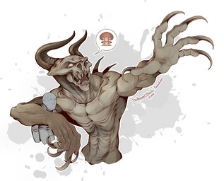 ambiguous_gender anthro bent_arm claws duo horn nude open_mouth simple_background kredri fallout microsoft deathclaw monster reptile scalie hi_res meme