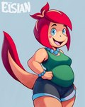 anthro blue_eyes bottomwear breasts clothed clothing external_gills female freckles gills heart_(marking) heart_mole jewelry looking_at_viewer markings mole_(marking) open_mouth shorts slightly_chubby slightly_chubby_female solo elsian decorii amphibian axolotl marine mole_salamander salamander hi_res