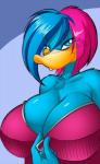 anthro beak bedroom_eyes big_breasts blue_body blue_eyes blue_feathers blue_hair blush breasts cleavage clothed clothing feathers female hair half-closed_eyes huge_breasts looking_at_viewer multicolored_hair narrowed_eyes non-mammal_breasts pink_hair seductive smile solo two_tone_hair undressing mastergodai knuckle_up! jupiter_(mastergodai) anatid anseriform avian bird duck hi_res