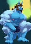 anthro areola barefoot beard brown_hair bulge clothed clothing facial_hair feet green_eyes hair male muscular muscular_anthro muscular_arms muscular_male nipples simple_background solo topless bufffbuck canid canine canis mammal wolf hi_res