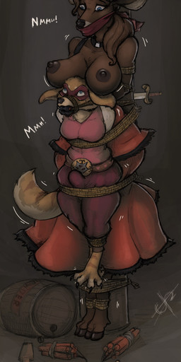anthro bdsm bondage boob_hat bound bound_together breasts bulge clothed clothing cobondage crossdressing dagger dress duo dynamite explosives female gag hands_behind_back horn imminent_death male male/female mask melee_weapon peril rope size_difference stuff_gag text weapon western spiritalpha canid canine deer fennec_fox fox mammal true_fox absurd_res hi_res