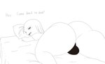 bed big_butt bulge butt clothed clothing femboy furniture genitals hair huge_butt looking_at_viewer looking_back lying male not_furry on_bed open_mouth pseudo_hair solo talking_to_viewer tentacle_hair tentacles text thick_thighs wide_hips oscar_parke_(artist) jay_(sqoon) alien alien_humanoid humanoid mammal puwa 2024 digital_drawing_(artwork) digital_media_(artwork) english_text hi_res line_art monochrome intersex_(lore)