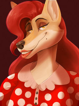 anthro brown_background cheek_tuft clothed clothing facial_tuft female fur glistening glistening_eyes hair lips long_hair looking_at_viewer narrowed_eyes orange_body orange_eyes orange_fur pattern_clothing pattern_topwear red_clothing red_hair red_lips red_topwear simple_background smile solo spots spotted_clothing spotted_topwear tan_body tan_fur teeth topwear tuft unsigned white_clothing white_spots white_topwear swampjaws canid mammal absurd_res bust_portrait hi_res portrait