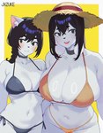 anthro bean_eyebrows big_breasts bikini black_bikini black_bikini_bottom black_bikini_top black_clothing black_hair black_swimwear blush breast_size_difference breasts bulging_breasts cleavage cleavage_overflow clothed clothing collarbone duo eyebrows female fur glistening glistening_hair hair hat headgear headwear huge_breasts inner_ear_fluff kemono long_ears mouth_closed narrowed_eyes navel open_mouth open_smile orange_bikini orange_bikini_bottom orange_bikini_top orange_clothing orange_swimwear pink_inner_ear simple_background smile straw_hat sun_hat swimwear teeth tuft two-piece_swimsuit white_body white_ears white_face white_fur white_inner_ear_fluff yellow_background jxzuke mother_daughter_boob_envy_(meme) mochi_(jxzuke) rebecca_(jxzuke) canid canine canis domestic_cat domestic_dog felid feline felis hunting_dog mammal mixed_breed scent_hound shiba_inu spitz 2024 digital_media_(artwork) half-length_portrait halftone hi_res portrait sibling_(lore) sister_(lore) sisters_(lore)