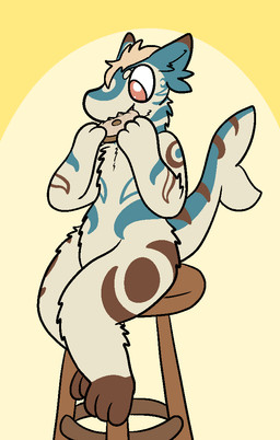 ambiguous_gender anthro bagel biped blue_body blue_fur bread brown_body brown_fur eating fluffy food fur furniture hair nude orange_eyes simple_background sitting solo stool trout_(artist) aquatic fish hybrid mammal shark 2016 aliasing digital_media_(artwork)