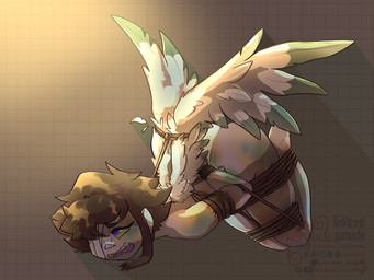 ambiguous_gender ankles_tied arms_tied bdsm bondage bound brown_eyebrows brown_hair eyebrows feathered_wings feathers hair hands_tied holidays legs_tied lights looking_up nude open_mouth pale_skin purple_eyes restraints rope rope_bondage scared shadow short_hair simple_background solo teeth white_body white_feathers white_wings wings wings_tied paraade uykithemcflurry halloween angel angel_humanoid humanoid 2023 4:3 absurd_res artist_collaboration full-length_portrait hi_res portrait