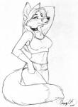 2009 anthro bottomwear breasts canid canine choker clothed clothing ear_piercing female fox jewelry kristi looking_at_viewer mammal midriff monochrome necklace orange04 piercing portrait shorts skimpy smile solo standing three-quarter_portrait