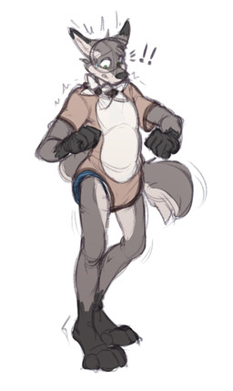 anthro bodily_fluids clothed clothing diaper diaper_peekage diaper_under_clothing exclamation_point fur green_eyes grey_body grey_fur male motion_lines onesie solo standing sweat sweatdrop wearing_diaper foxehhyz nintendo pokemon pakun canid canine canis generation_7_pokemon mammal pokemon_(species) rockruff wolf