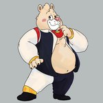 anthro belly blush bottomwear clothing humanoid_hands male navel overweight overweight_male pants pink_nose simple_background solo unatazaamarilla breeze_in_the_clouds pile_(breeze_in_the_clouds) american_black_bear bear black_bear kermode_bear mammal ursine 1:1 2021