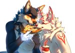 anthro beverage detailed_food duo eating eating_food eyes_closed female food holding_beverage holding_object male nude pizza sharing_food simple_background white_background reilukah canid canine canis mammal wolf 2022 detailed digital_media_(artwork) shaded