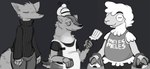 anthro bag clothing female frycook group male spatula sweater tools topwear trio uniform zzx pack_street charlie_(weaver) remmy_cormo t_rex_(weaver) badger bovid canid canine caprine fox mammal mustelid musteline sheep hi_res