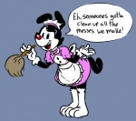 anthro biped black_body black_fur cleaning_tool clothed clothing crossdressing dialogue feather_duster footwear fur gloves handwear legwear looking_at_viewer maid_uniform male simple_background smile socks solo speech_bubble standing text uniform fiztheancient animaniacs warner_brothers yakko_warner inkblot mammal english_text