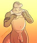 anthro balls big_penis bottomless clothed clothing dressing foreskin genitals long_penis looking_away male musclegut muscular muscular_male navel nipples penis shirt solo standing tail tank_top tattoo topwear amarox lucas_(amarox) komodo_dragon lizard monitor_lizard reptile scalie digital_drawing_(artwork) digital_media_(artwork) hi_res