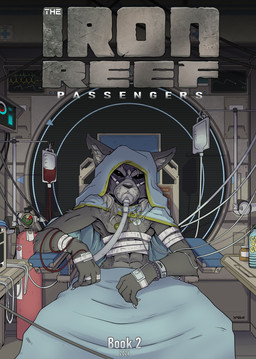 5_fingers anthro bandage black_nose blood_bag fingers fur grey_body grey_fur humanoid_hands iv_bag male mask medbay medical_instrument navel oxygen_mask scientific_instrument solo text yawg the_iron_reef canid canine canis mammal wolf comic cover cover_art cover_page english_text hi_res