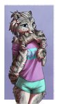 anthro biped blue_eyes clothed clothing female fur hair long_tail looking_at_viewer nom shirt solo tail tail_in_mouth text text_on_clothing text_on_shirt text_on_topwear topwear white_hair oini felid mammal pantherine snow_leopard 9:16