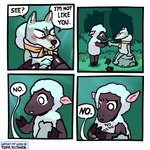 ambiguous_gender anthro dialogue duo fur grey_body grey_fur hooves on_rock open_mouth question_mark rock sheep_costume sitting sitting_on_rock speech_bubble talking_to_another text shen_comix shenanigansen_(artist) wolf_in_sheep's_clothing bovid canid canine canis caprine mammal sheep wolf 1:1 2025 comic english_text hi_res