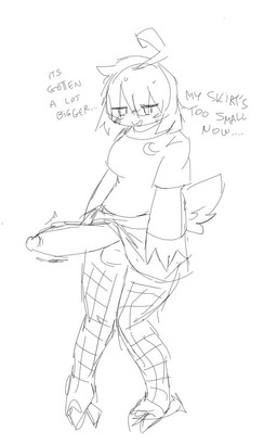ahoge anthro balls bangs beak big_balls big_breasts big_penis blush bottomwear breasts checkered checkered_clothing claws clothed clothing curvy_figure dialogue embarrassed erection erection_under_clothing erection_under_skirt feathers genital_focus genital_growth genitals growth gynomorph hair huge_penis hyper hyper_genitalia hyper_penis intersex long_penis partially_clothed pattern_clothing penis penis_focus penis_growth shirt skirt solo t-shirt tail tenting text topwear undershirt wardrobe_malfunction alicemoon(chickenboobs) avian bird 5:8 monochrome