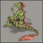 anthro bottomwear clothing feathers female green_body green_skin loincloth red_body red_feathers solo priscillasheep uthalla dinosaur dromaeosaurid prehistoric_species reptile scalie theropod velociraptor hi_res