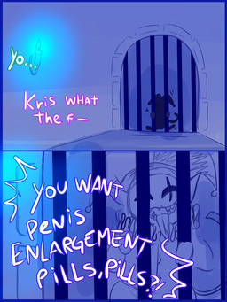 :d close-up clothed clothing dialogue ellipsis exclamation_point hat headgear headwear humanoid_pointy_ears humor looking_at_viewer male not_furry open_mouth pointy_ears prison prisoner question_mark sharp_teeth smile solo standing teeth text tongue tongue_out nsfweenies deltarune undertale_(series) jevil_(deltarune) darkner humanoid imp 2018 3:4 comic english_text hi_res meme sketch