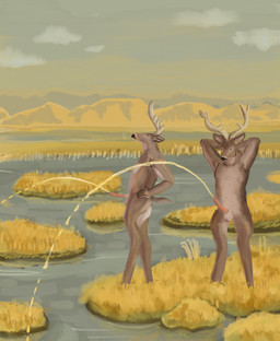 animal_genitalia animal_penis anthro antlers bodily_fluids cervine_genitalia cervine_penis cloud detailed_background duo genital_fluids genitals hands_behind_head hands_on_hips horn male male_peeing mountain nature nature_background outside peeing peeing_outside peeing_together peeing_while_erect penis urine urine_stream wetland yearofthesnitch deer mammal hi_res
