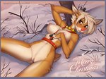 2017 anthro bell bodily_fluids breasts brown_eyes chest_tuft christmas collar collar_only crossgender deer digital_media_(artwork) f-r95 female genitals hair hand_behind_head hand_on_chest harness harness_only heart_symbol holidays lying mammal navel new_world_deer nipples nude on_back outside plant pussy red_nose reindeer rudolph_the_red-nosed_reindeer shaded snow solo tears tree tuft white_hair