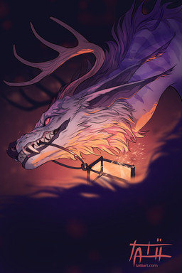 ambiguous_gender antlers black_lips black_nose feral fur horn lamp lantern lips red_eyes solo text tatiilange mythology dragon furred_dragon furred_scalie mythological_creature mythological_scalie scalie 2022 digital_media_(artwork) hi_res url