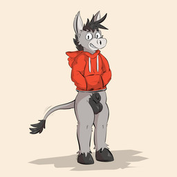 anthro balls clothed clothing genitals grey_body hand_in_pocket hoodie hooves male no_underwear nude penis pockets simple_background smile solo standing topwear conditional_dnp tinnier asinus donkey equid equine mammal 1:1 hi_res