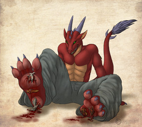 4_toes abs anthro barefoot blood blue_claws bodily_fluids bottomwear claws clothed clothing corpse countershading crush death extreme_size_difference feet fingers foot_fetish foot_focus foot_lick foot_play fur gore gore_focus green_eyes grey_body grey_bottomwear grey_clothing grey_fur grey_pants grin group guts hindpaw horn intestines larger_male licking macro male micro multicolored_body muscular organs pants pawpads paws red_body red_scales scales simple_background sitting size_difference smaller_male smile snuff soles stomping tail tail_tuft tan_body teeth toe_claws toes tongue topless tuft violence vore wounded yellow_body conditional_dnp jameless european_mythology mythology cirez canid canine canis dragon fox mammal mythological_creature mythological_scalie scalie western_dragon wolf digital_media_(artwork)