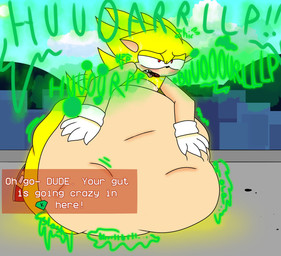 abdominal_bulge anthro belly_on_ground blush bodily_fluids burping clothing dialogue dialogue_box digestion duo exclamation_point footwear fur gloves hand_on_belly handwear lying male male/male male_pred male_prey on_front onomatopoeia red_clothing red_eyes red_footwear red_shoes red_sneakers rumbling_stomach shoes sneakers sound_effects sweat sweatdrop text unwilling_prey vore white_clothing white_gloves white_handwear yellow_body yellow_fur lemonytibbits sega sonic_the_hedgehog_(series) knuckles_the_echidna sonic_the_hedgehog super_sonic echidna eulipotyphlan hedgehog mammal monotreme english_text hi_res