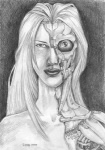 disfigured exposed_endoskeleton female looking_at_viewer machine not_furry robotic_reveal science_fiction solo unknown_artist unknown_artist_signature android humanoid robot 1999 bust_portrait graphite_(artwork) greyscale monochrome portrait signature traditional_media_(artwork)