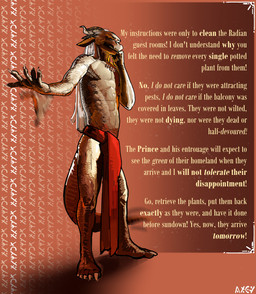 abs anthro bottomwear brown_body clothing eyes_closed gesturing_at_viewer grimace hair horn loincloth long_hair male muscle_tone skinny solo standing tail tan_body text white_hair brothersmiler mythology lyrren_(wsad) dragon mythological_creature mythological_scalie scalie english_text hi_res
