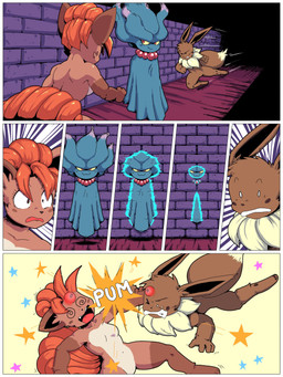 3_fingers 4_fingers action_pose anthro blue_body blush blush_lines bodily_fluids breasts brick_wall brown_body brown_eyes brown_fur brown_nose countershade_torso countershading eyelashes fangs female fingers fluffy fur group hair happy inside jumping lips lipstick long_ears makeup male minor_wound motion_lines muscular muscular_female muscular_male navel neck_tuft onomatopoeia open_mouth orange_hair pain pose shaking shocked short_hair smile sound_effects star tan_body tan_fur tears tears_of_pain teeth text tremble_spikes trembling trio tuft wall_(structure) wounded yellow_eyes jisito nintendo pokemon flori_(jisito) inti_(jisito) eevee generation_1_pokemon generation_2_pokemon misdreavus pokemon_(species) vulpix 3:4 absurd_res comic hi_res